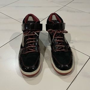 BALLY Patent Leather Black, Red, & White Sneakers - Size 7.5